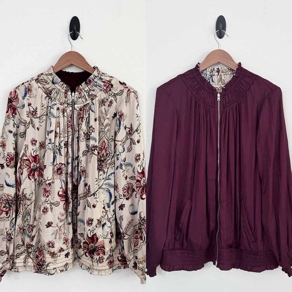Chico's XL Merlot Multicolor Long Sleeves Floral Reversible Bomber Zip Jacket